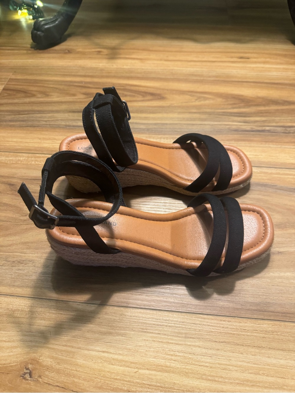 Lucky Brand Black Strappy Espadrille Wedge Sandals with Tan Footbed